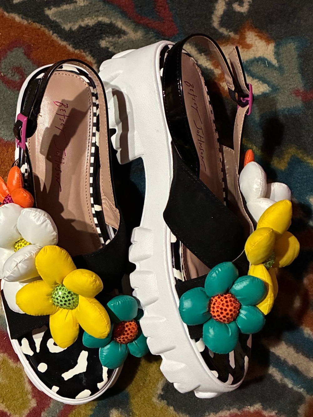 Betsey Johnson Black Sandals with Yellow, Teal, White & Orange Floral Accents - Picture 3 of 4